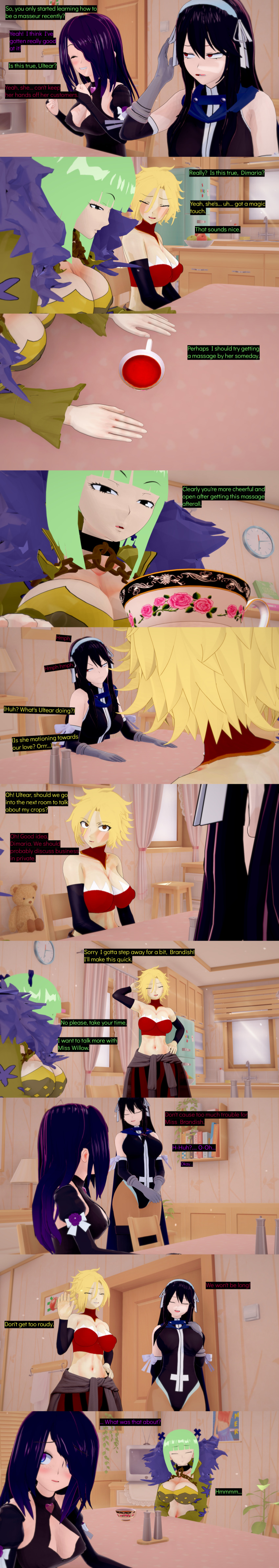 absurdres black_eyes black_hair blonde_hair blue_eyes brandish_q_(fairy_tail) clothed cyanstargazer dialogue dimaria_yesta english_text fairy_tail female_only femdom femsub green_hair hair_covering_one_eye long_hair multicolored_eyes multiple_girls multiple_subs purple_eyes red_eyes short_hair text ultear_milkovich