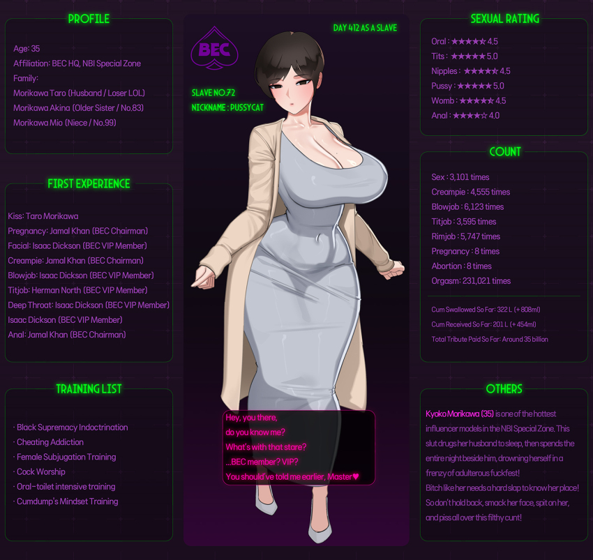 black_eyes black_hair blacked character_profile cheating clothed dialogue english_text female_only femsub milf netorare nuo original short_hair solo text