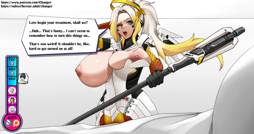 bimbofication blonde_hair breast_expansion clothed_exposure confused female_only femsub mercy multicolored_hair overwatch sixmi34