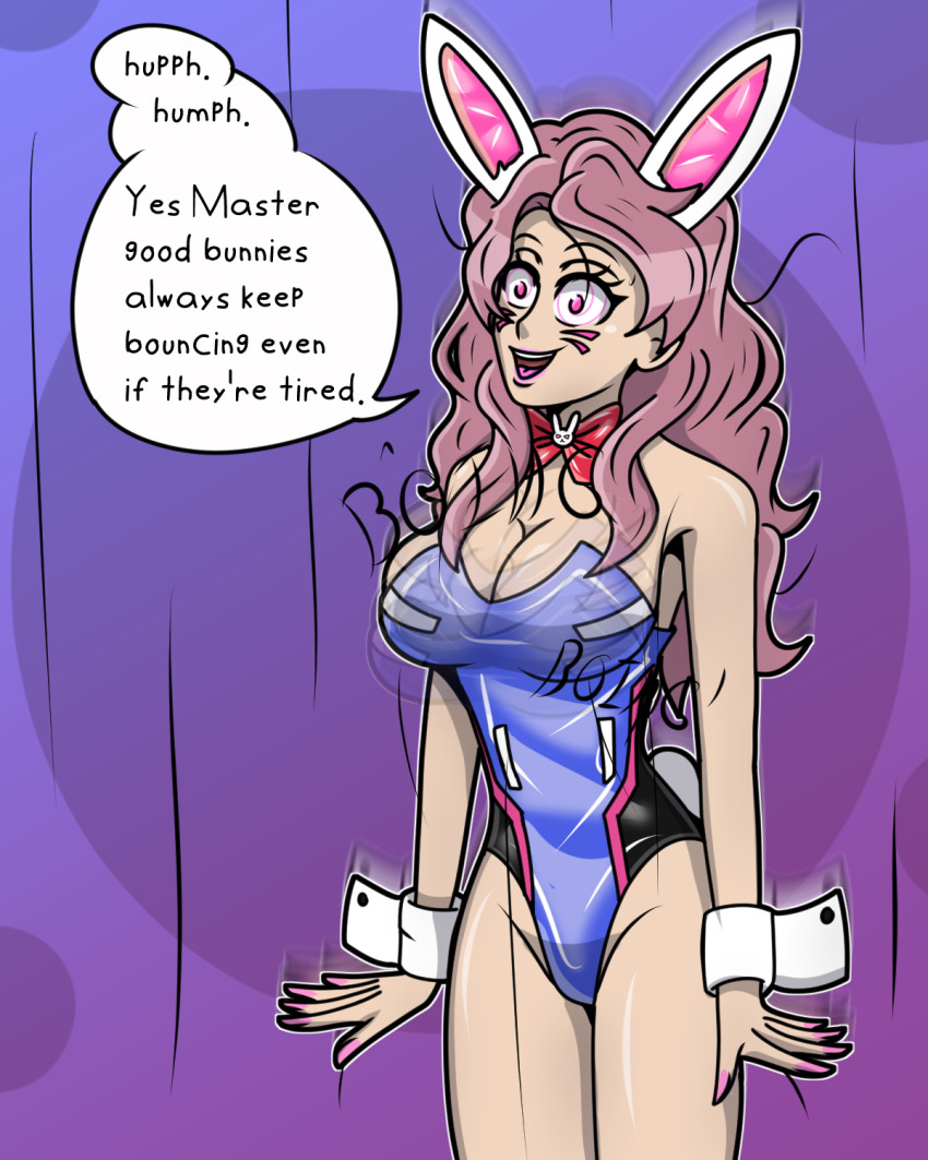 bare_legs black_clover bouncing_breasts bow_tie bunny_ears bunnysuit cleavage cosplay cuffs d.va dialogue face_paint fake_animal_ears female_only femsub happy_trance hy2300 large_breasts lipstick long_hair long_nails maledom nail_polish open_mouth overwatch pink_eyes pink_hair pink_lipstick smile solo speech_bubble spiral_eyes standing standing_at_attention text vanessa_enoteca