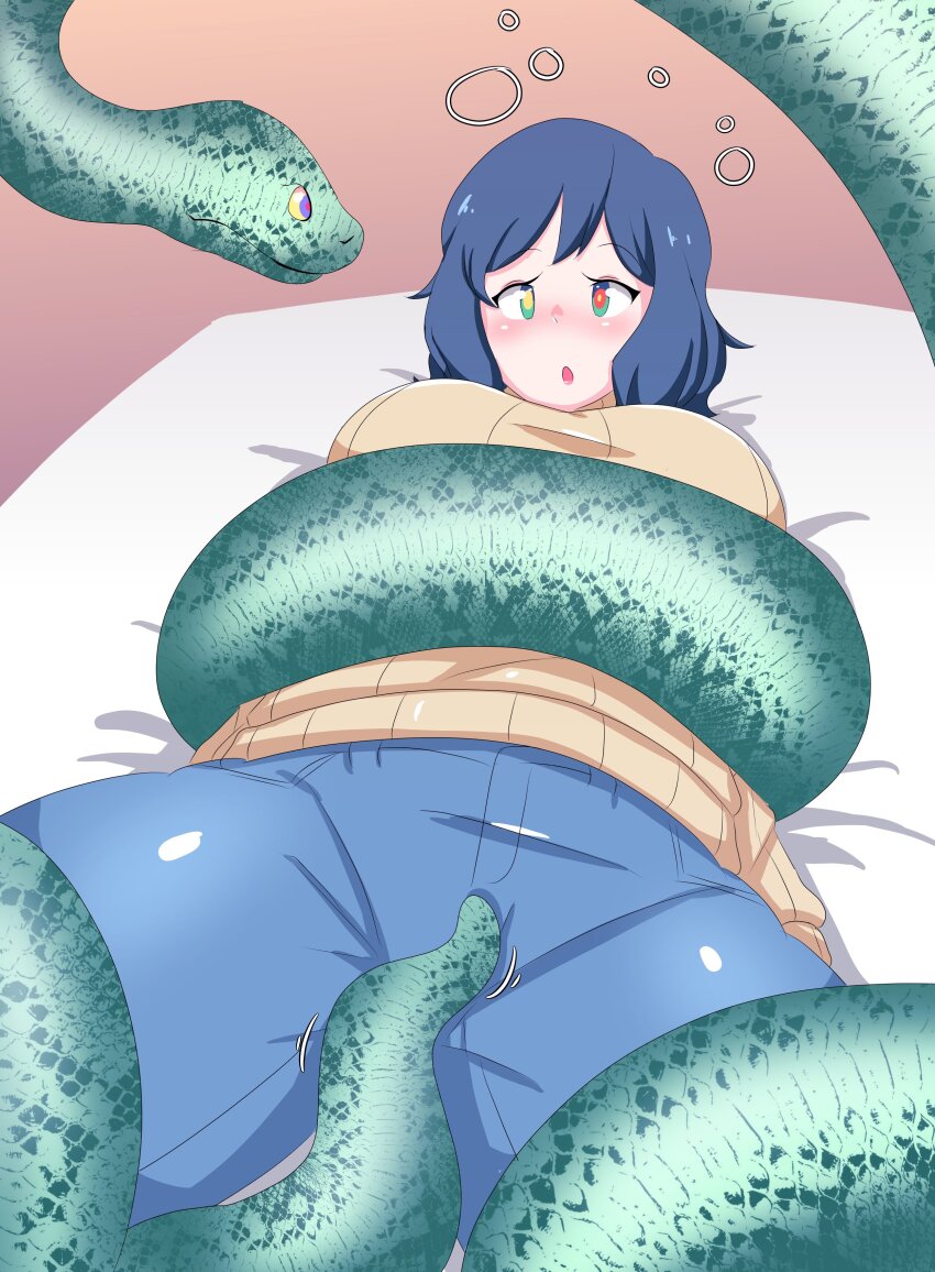 bed blush breasts clothed coils complex_background crotch_rub dazed femsub gundam_(series) gundam_build_fighters kaa_eyes milf rinko_iori snake sonazthewho tagme