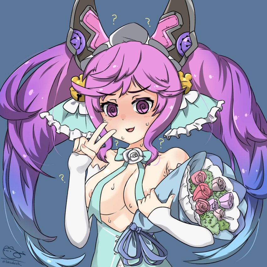 animal_ears basuke blue_hair cleo_(dragalia_lost) dragalia_lost dress femsub flower gloves happy_trance nintendo pink_hair purple_eyes purple_hair spiral_eyes symbol_in_eyes