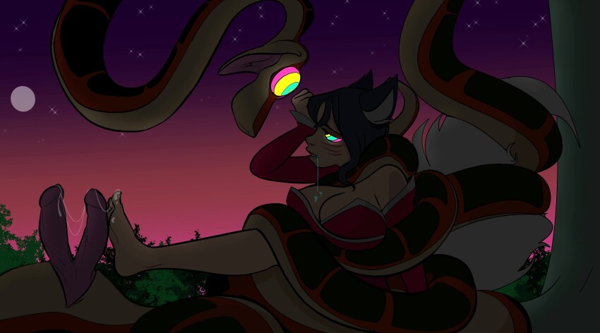 ahri_(league_of_legends) bare_legs bare_shoulders barefoot black_hair blush breasts cleavage coils colorrings confused disney drool feet femsub footjob fox_ears fox_girl fox_tail jungle kaa kaa_eyes large_breasts league_of_legends lipstick maledom night sleepy smile snake snake_penis spiral_eyes tail the_jungle_book trees