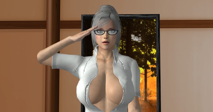 3d absurdres bedroom bobboxbody breasts expressionless female_only femsub glasses large_breasts meiko_shiraki open_shirt prison_school ring saluting silver_hair