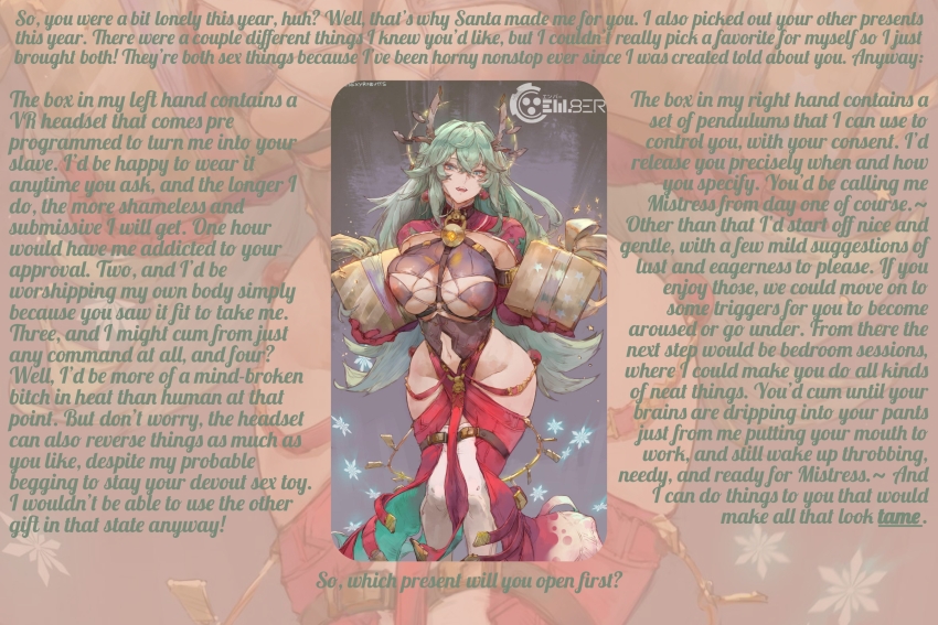 ambiguous_pov assertive_sub breasts caption christmas cutesexyrobutts femdom femsub green_hair onlyharmony_(manipper) tagme