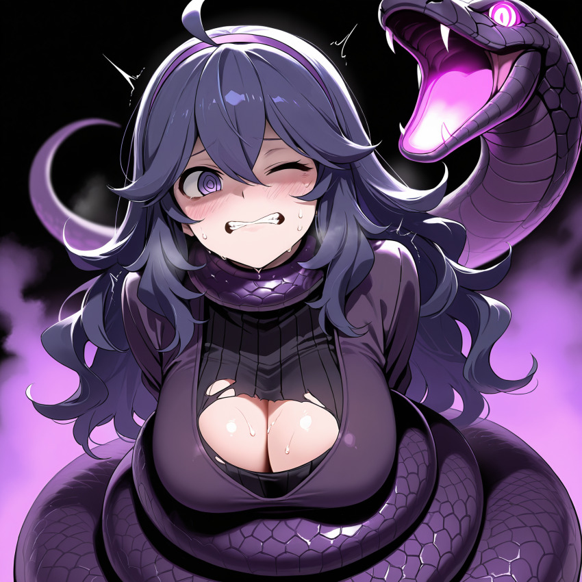 ai_art black_hair choking cleavage coils fangs glowing_eyes goaa112_(generator) hex_maniac pokemon purple_eyes resisting restrained snake sweat tagme