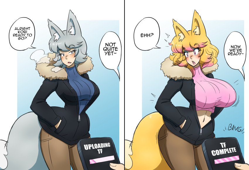 before_and_after bimbofication blonde_hair breast_expansion breasts femsub fox_ears fox_girl kobi94 original phone silver_hair tech_control text transformation