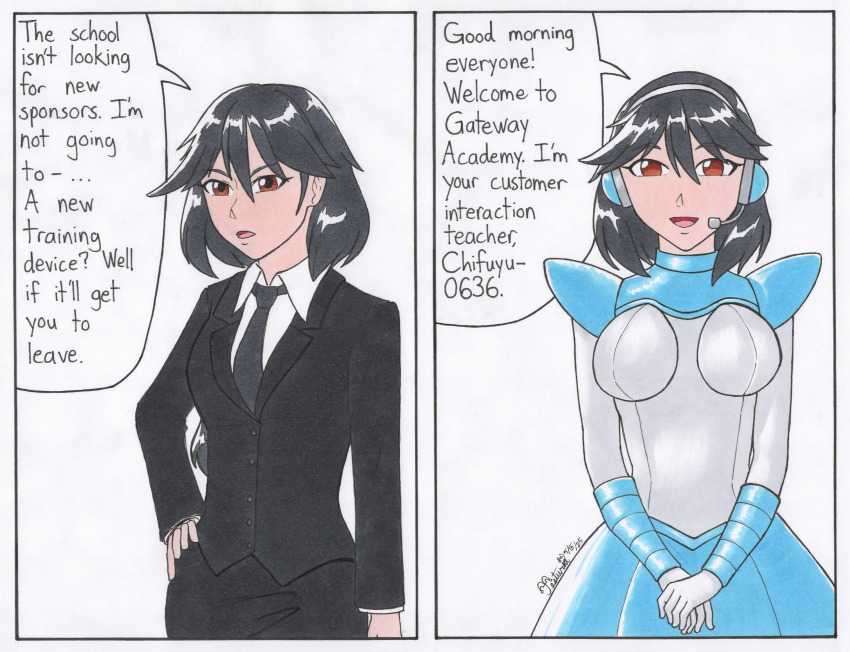 before_and_after black_hair breasts brown_eyes dialogue female_only fembot femsub infinite_stratos jesturia orimura_chifuyu suit tagme tech_control text traditional