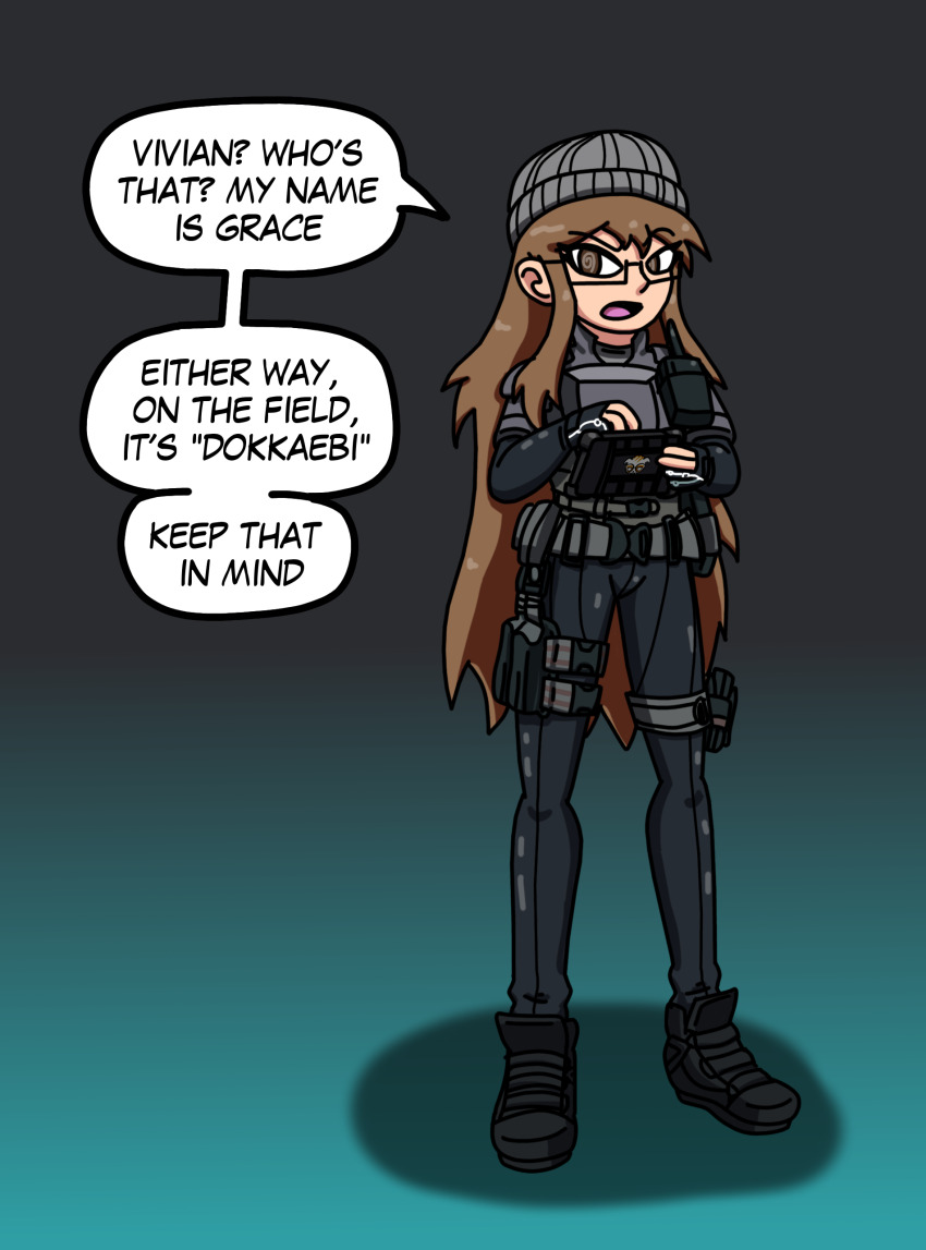 armor brown_hair cosplay dokkaebi glasses gradient_background hat identity_swap long_hair original simple_background spiral_eyes supertechno324 tom_clancy's_rainbow_six_siege unaware