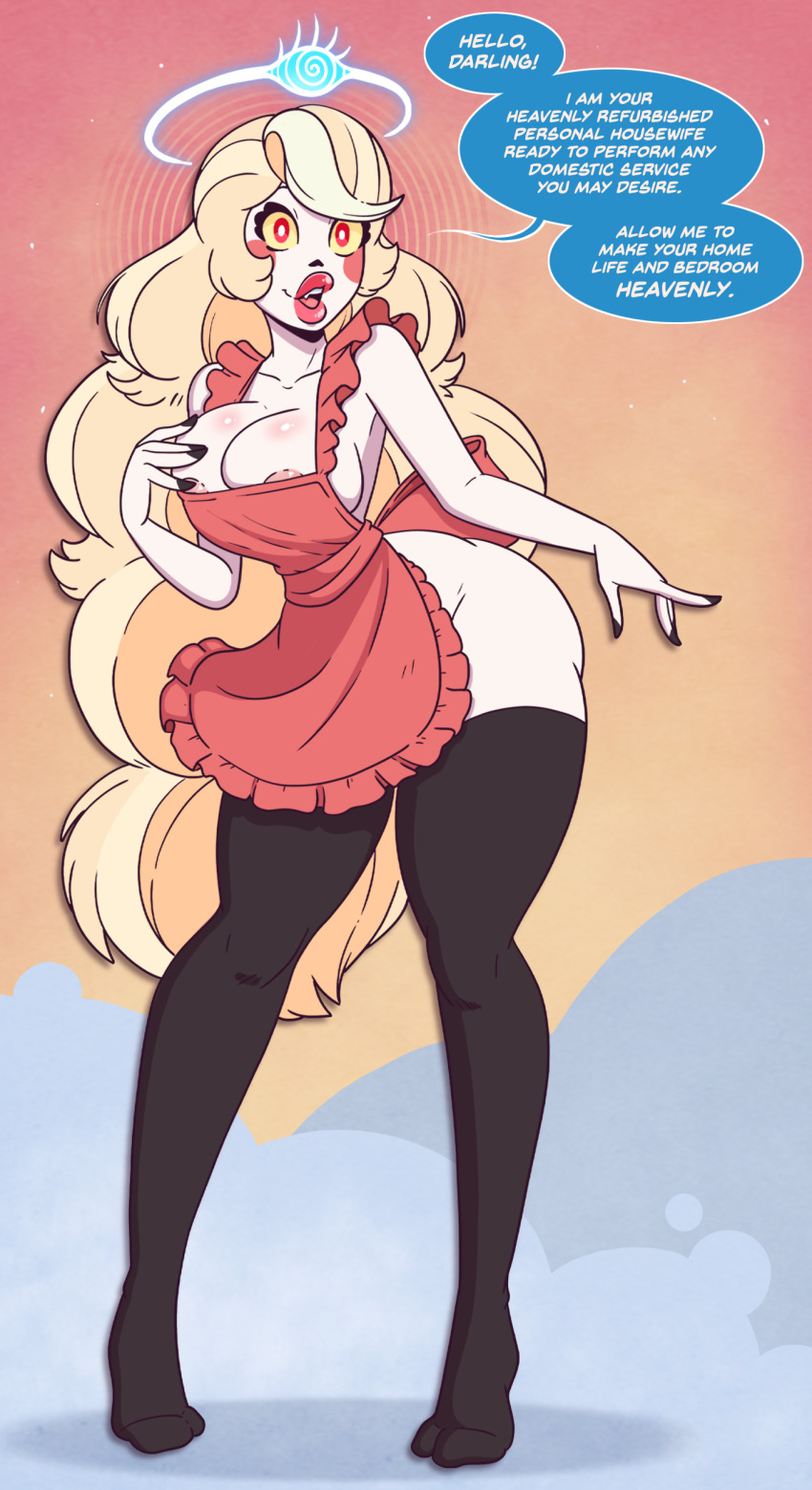 absurdres apron bimbofication black_nail_polish blonde_hair brain_drain breasts charlie_(hazbin_hotel) cleavage clothed_exposure collarbone dialogue female_only femsub gradient_background halo happy_trance hazbin_hotel hourglass_figure large_breasts large_hips large_lips leaning_forward nail_polish naked_apron nipples purification red_eyes smile solo speech_bubble spiral standing stepfordization text thighhighs very_long_hair wrenzephyr2 yellow_sclera