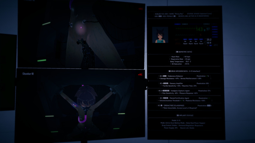 3d anal animal_ears arms_above_head barcode blush brown_hair cables dominyant. double_penetration female_only femsub flat_chest force_feeding koikatsu! monitor multiple_views navel navel_piercing nipples nude progress_indicator restrained sex_machine sleeping small_breasts solo spread_legs tech_control text vaginal wet wires