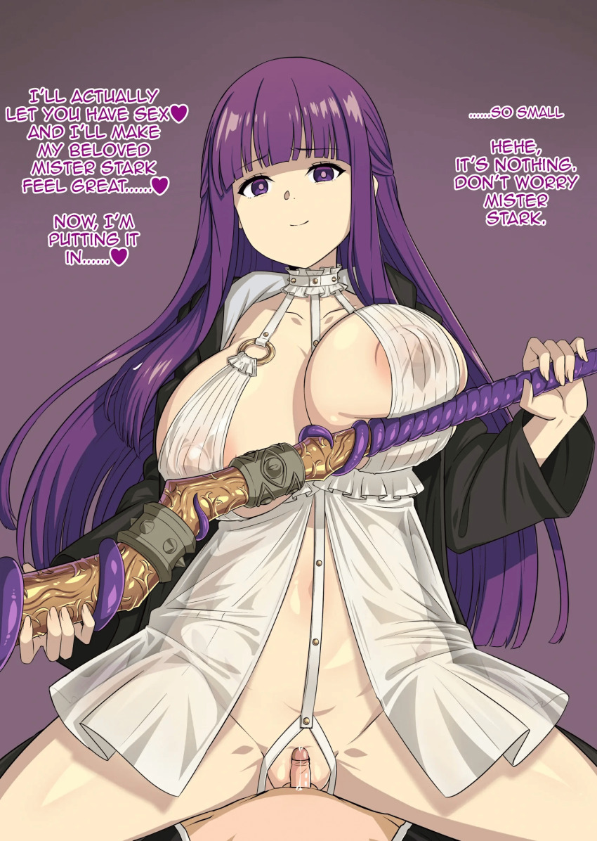 altered_perception babydoll femsub fern_(frieren:_beyond_journey&#039;s_end) frieren:_beyond_journey&#039;s_end gozaru happy_trance large_breasts long_hair penis purple_hair small_penis text
