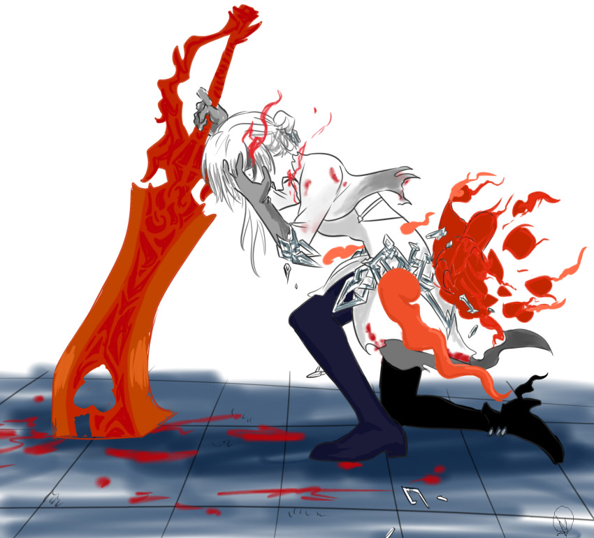 alternate_costume aura boots corruption elrataun femsub gloves glowing high_heels kneeling possession proud_lion simple_background sinoalice snow_white_(sinoalice) square_enix sword unhappy_trance weapon white_background white_hair