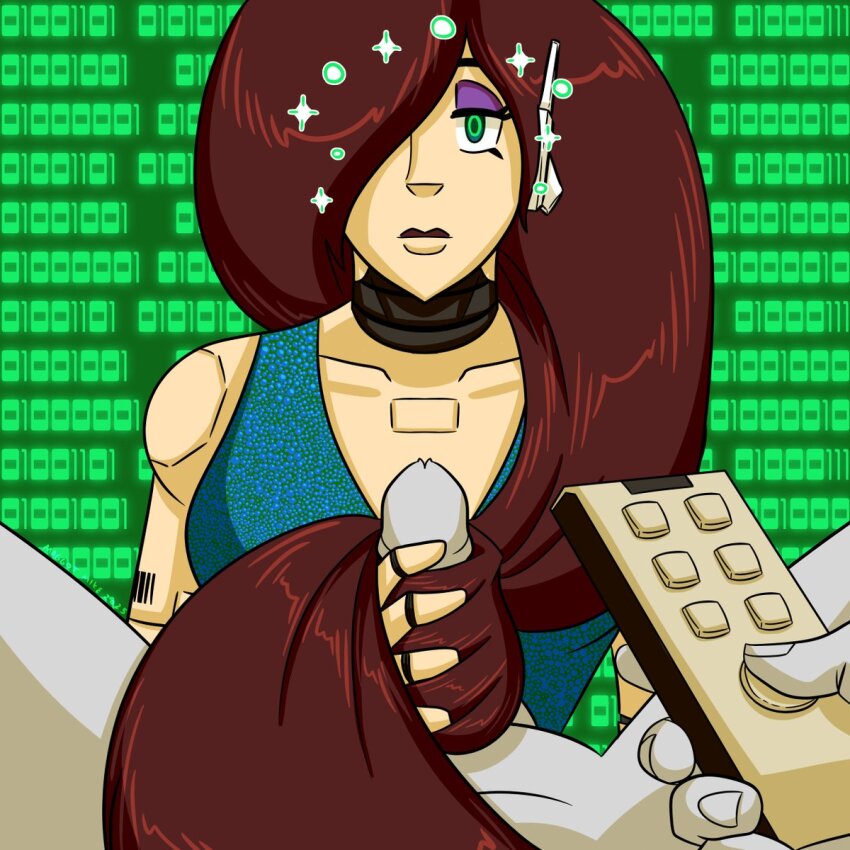bare_shoulders brown_hair character_request choker expressionless eyeshadow femsub green_background green_eyes hair_covering_one_eye hairjob handjob looking_at_viewer maggotmike maledom original pale_skin penis pov pov_dom rebecca_(rbk105)_(masterhandhypno) remote_control robot_girl sparkle symbol tech_control text very_long_hair