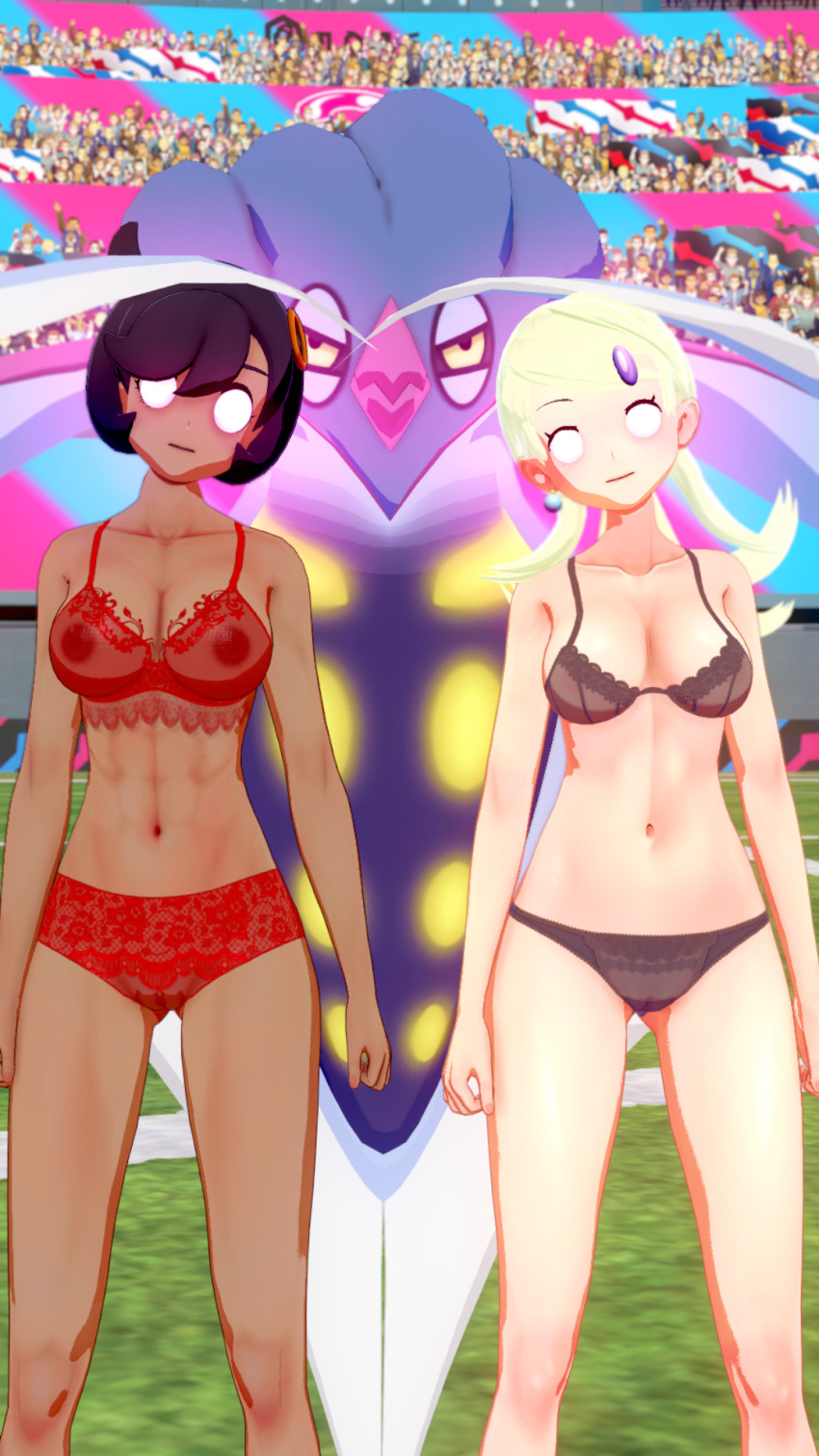 3d ace_trainer_(pokemon) black_hair blonde_hair emma_(pokemon) femsub glowing_eyes koikatsu! lingerie malamar multiple_girls multiple_subs nintendo nipples perfect_idiot pokemon pokemon_(creature) underwear