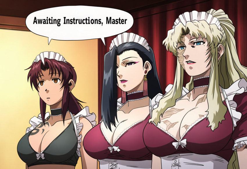 ai_art balalaika black_hair black_lagoon blonde_hair brown_hair choker cleavage earrings empty_eyes english_text eyeshadow femsub hellsing002_(generator) lipstick maid maid_headdress makeup revy_(black_lagoon) scars shenhua speech_bubble tattoo