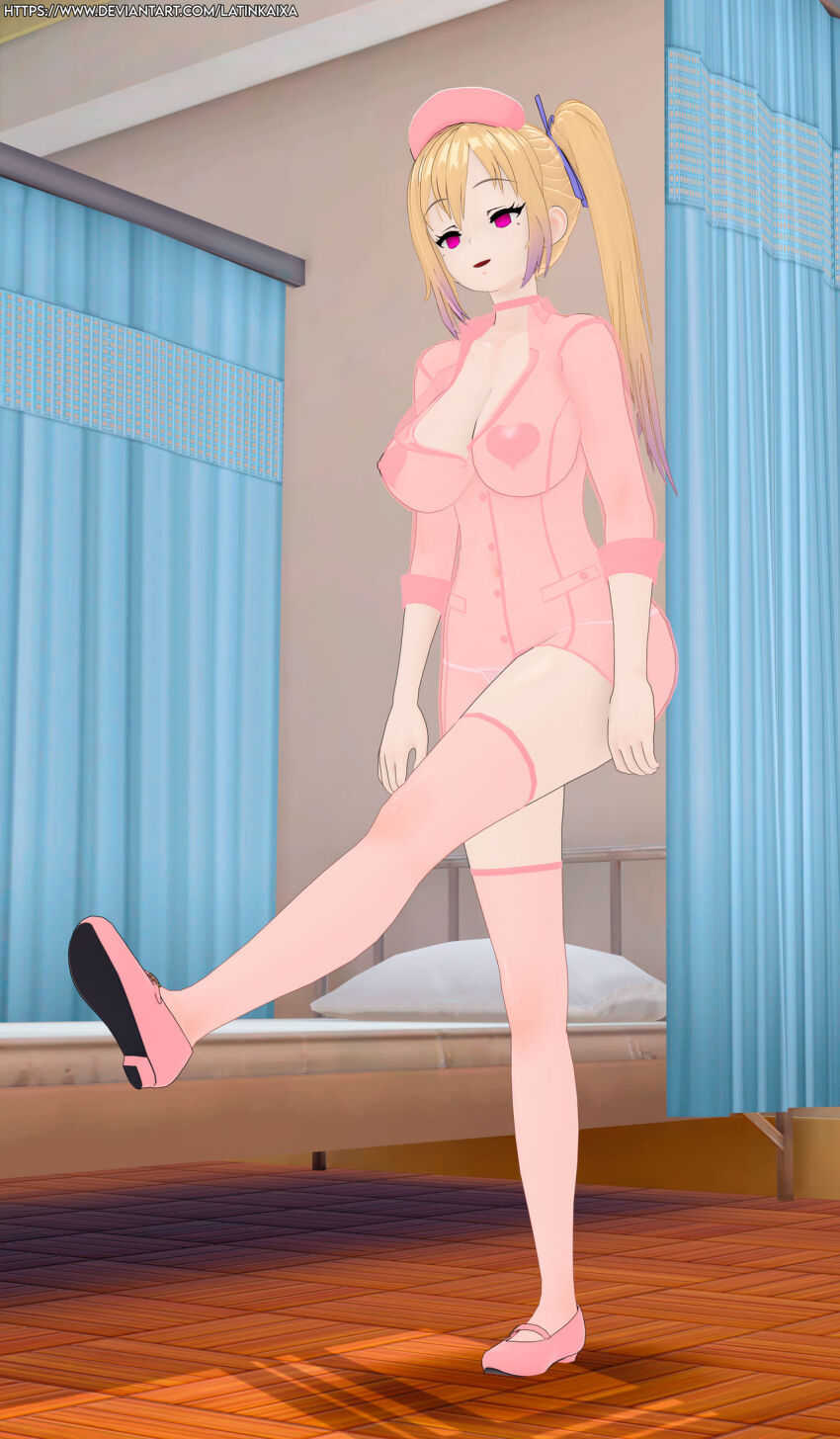 3d blonde_hair empty_eyes femsub happy_trance hypnotized_walking large_breasts latinkaixa long_hair mai_kawakami myriad_colours_phantom_world nurse tagme