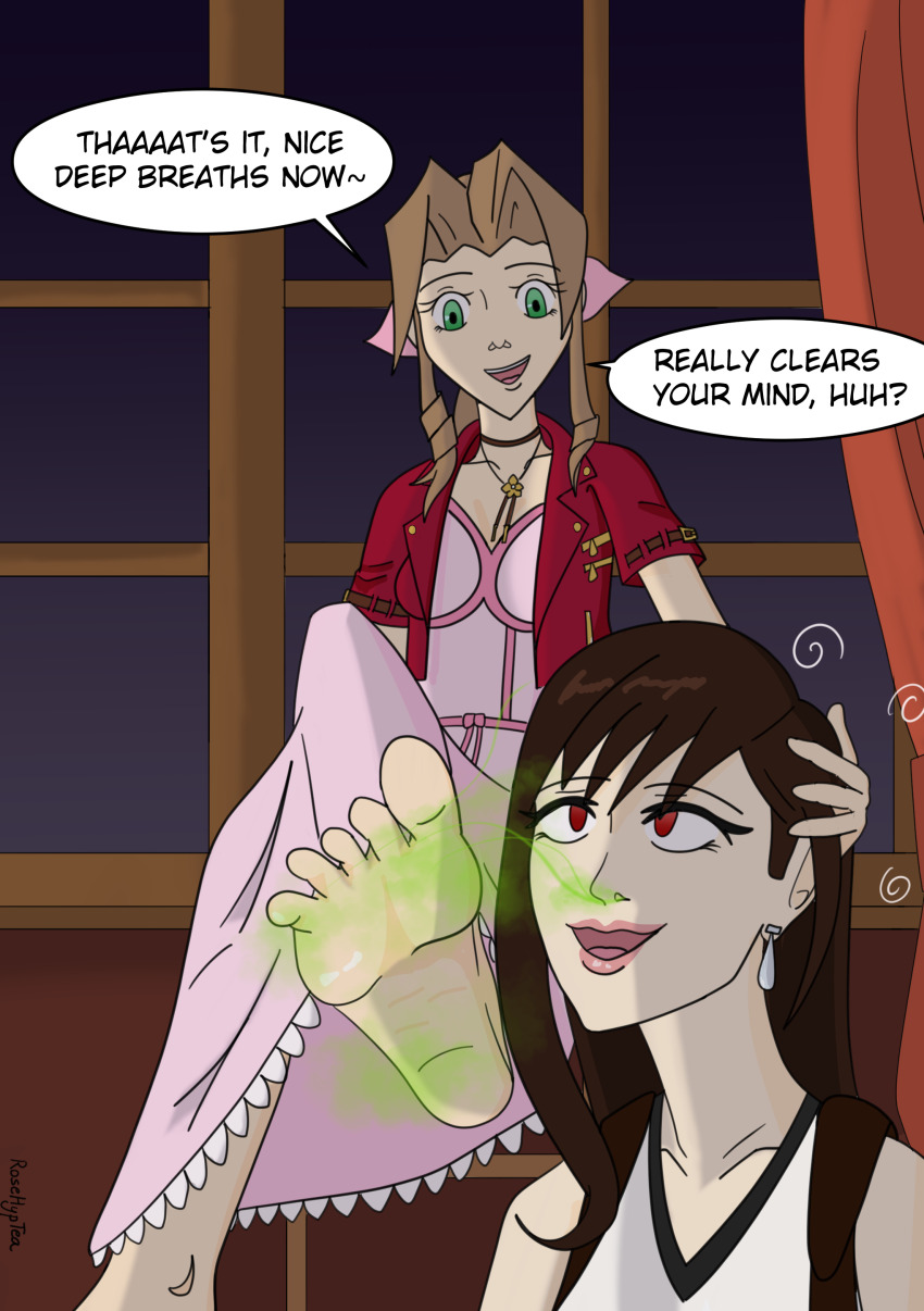 aerith_gainsborough crossed_eyes empty_eyes feet femdom femsub final_fantasy final_fantasy_vii foot_focus hypnotic_smell rosera smell square_enix text tifa_lockhart