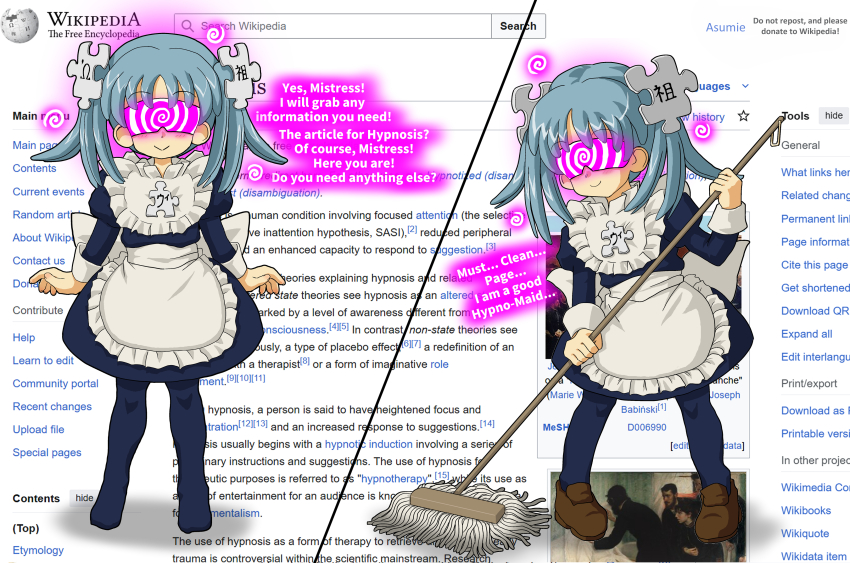 apron asumie_(manipper) blue_hair blush cleaning clothed cuffs dress emblem eyebrows_visible_through_hair female_only femsub hair_clips happy_trance kasuga_(wikipedia) looking_at_viewer maid ribbon shoes skirt smile solo spiral tagme tech_control text thighhighs twintails visor wikipe-tan wikipedia