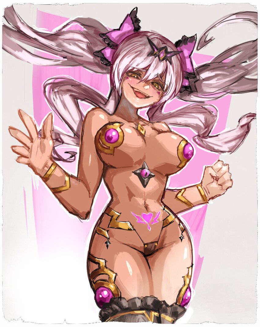 alternate_color_scheme alternate_costume alternate_hair_color bangs bare_shoulders blush bow cherry_(ts_mahou_shoujo_nao!) crotch_tattoo cuffs empty_eyes evil_smile female_only femsub hair_ornament happy_trance jewelry large_breasts micro_bikini navel pasties pink_background pink_hair shooow17 simple_background smile solo tan_skin tattoo thigh_boots thighhighs ts_mahou_shoujo_nao! twintails white_background yellow_eyes