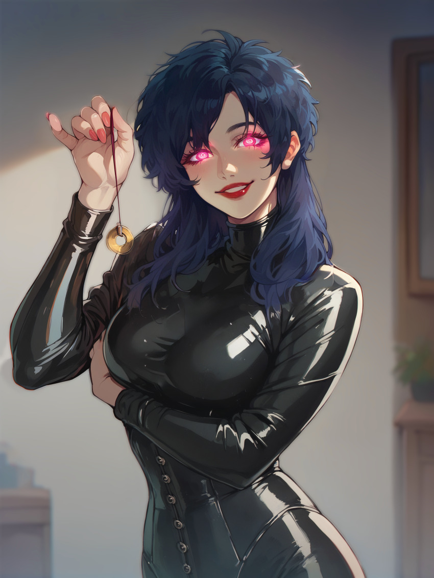 ai_art blue_hair blush bodysuit breast_press corset femdom glowing_eyes latex lipstick lizzytzee_(generator) long_hair looking_at_viewer nail_polish pendulum pink_eyes red_lipstick rubber smile tight_clothing