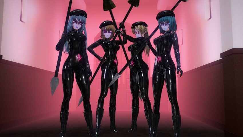 3d bangs beret black_lipstick blonde_hair blue_eyes blue_skin bodysuit boots breasts brown_hair collar crotch_tattoo cuffs custom_maid_3d_2 face_paint female_only femsub glasses gloves glowing_eyes hand_on_hip hat latex li_q lipstick long_hair looking_at_viewer multicolored_eyes multiple_girls multiple_subs original pink_eyes ponytail purple_eyes rubber short_hair smile standing tight_clothing weapon yellow_eyes