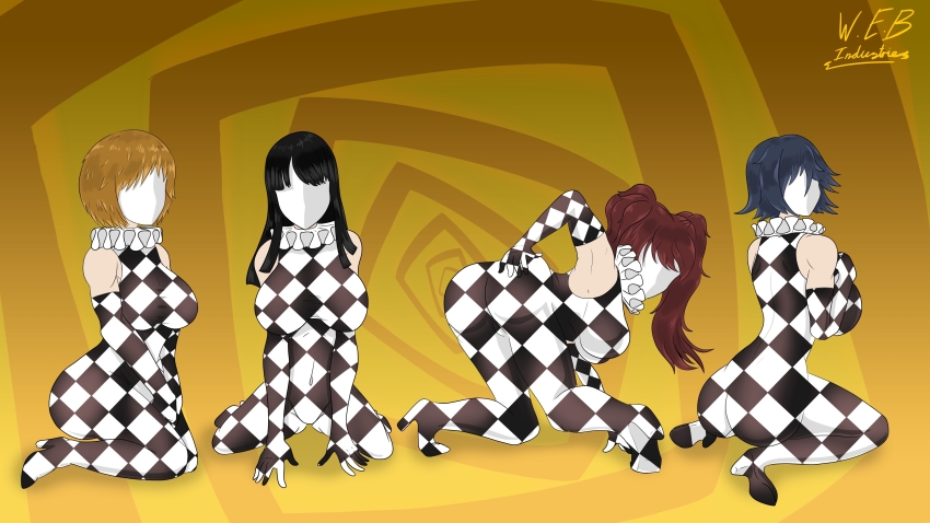 ass bangs bare_shoulders black_hair blue_hair bodysuit breasts brown_hair chie_satonaka drone dronification faceless female_only femsub kneeling large_ass large_breasts latex long_hair looking_at_viewer looking_back mask multiple_girls multiple_subs naoto_shirogane persona_(series) persona_4 rise_kujikawa short_hair twintails w.e.b-industries yukiko_amagi