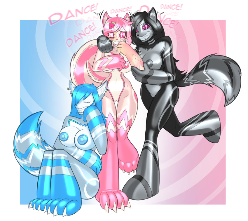 altered_common_sense animal_ears barefoot bodysuit bottomless breasts curse-m dancer empty_eyes exposed_chest feet female_only furry glowing_eyes happy_trance hypnotic_music latex multiple_girls nude original paws rubber smile spiral_eyes standing symbol_in_eyes tech_control topless