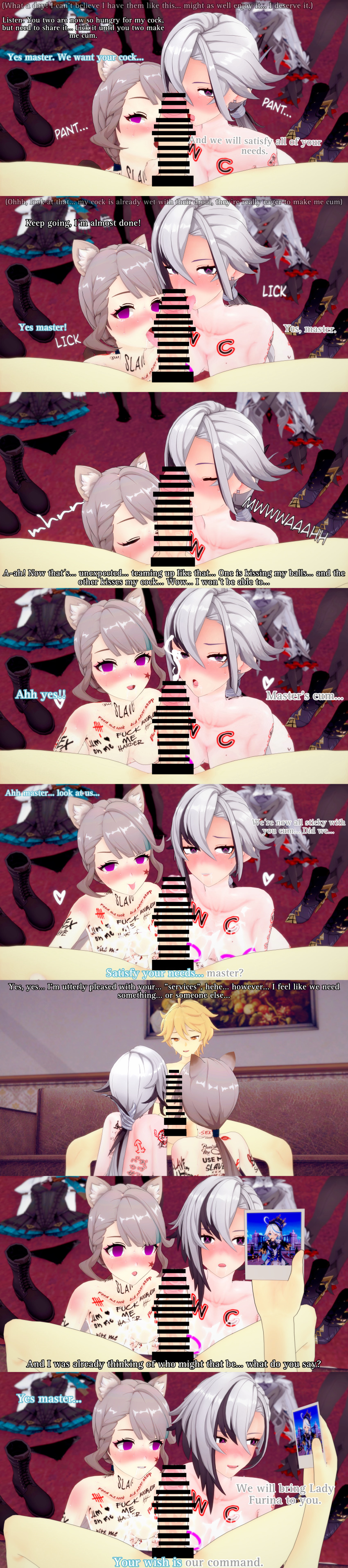 3d absurdres aether_(genshin_impact) animal_ears arlecchino_(genshin_impact) ball_sucking black_eyes black_hair blonde_hair blush body_writing bottomless breasts brown_eyes censored closed_eyes dannos dialogue english_text fellatio femsub furina_(genshin_impact) genshin_impact grey_hair licking lynette_(genshin_impact) maledom multicolored_hair multiple_girls multiple_subs nipples nude oral orgasm penis purple_eyes short_hair tears text topless