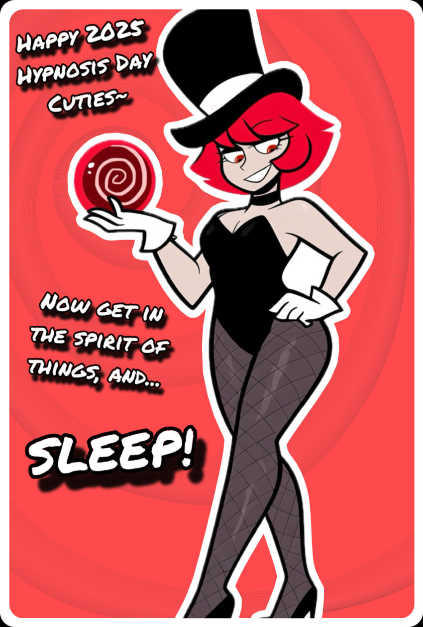 bunnysuit choker female_only femdom fishnets gloves high_heels hypnofantasy_(artist) magician red_eyes red_hair short_hair sleep_command spiral text