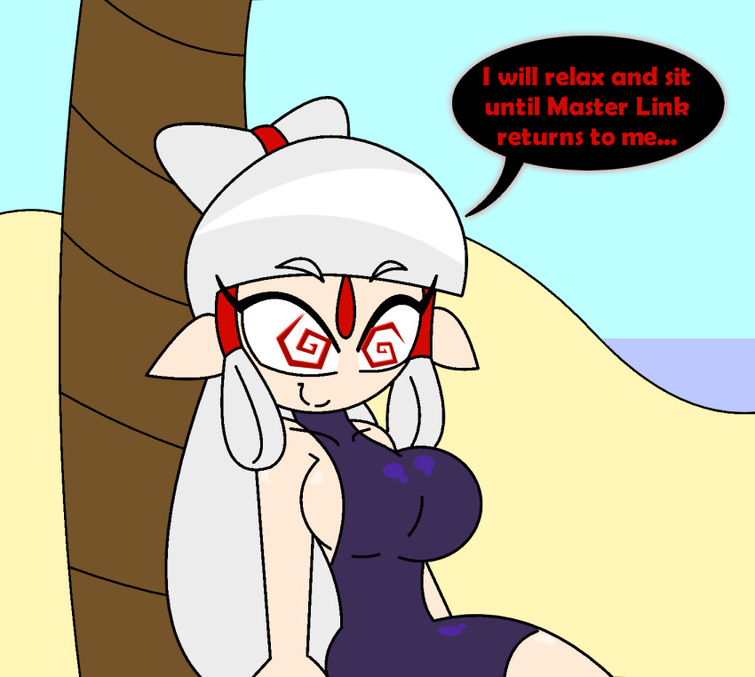 alternate_costume beach breath_of_the_wild dialogue elf_ears english_text femsub happy_trance hypnoscream leotard nintendo outdoors paya ponytail sitting smile speech_bubble spiral spiral_eyes swimsuit symbol_in_eyes tears_of_the_kingdom text the_legend_of_zelda very_long_hair white_hair