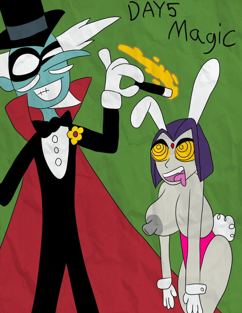 absurdres alternate_costume bare_breasts bare_legs bare_shoulders beard blue_skin breasts breasts_outside bunny_girl bunnysuit cloak clothed dc_comics drool facial_markings fake_animal_ears fake_tail femsub flower gloves green_background grey_skin happy_trance hat hypnotic_magic hypnovember large_breasts legs looking_at_viewer magic_wand magician maledom mumbo_jumbo mustache open_mouth purple_hair raven short_hair simple_background smile smug spiral_eyes tail tcross teen_titans thighs tongue tongue_out topless white_hair