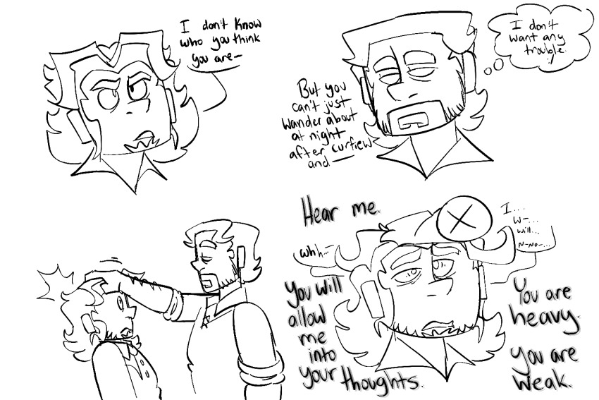 dialogue hand_on_head herobrine_(minecraft) jorin_valor-shield(mx_driftdrop) long_hair male_only maledom malesub minecraft mx_driftdrop original resisting sketch telepathy text white_background whitewash_eyes yaoi