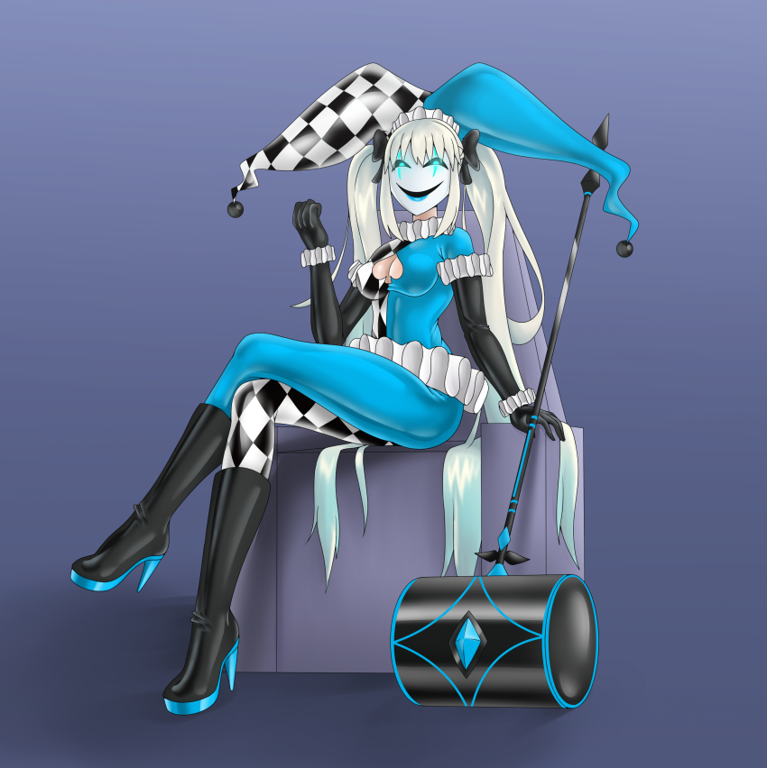 alternate_costume blue_eyes bodysuit breasts cleavage cleavage_cutout corruption crossed_legs fate/grand_order fate_(series) female_only femsub glowing glowing_eyes hammer hat high_heels jester large_breasts long_hair looking_at_viewer mask monowl23 morgan_le_fey_(fate) sitting solo weapon white_hair