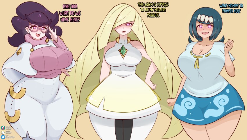 absurdres blonde_hair blush cleavage dress drevod female_only femsub glasses glowing glowing_eyes green_hair hair_covering_one_eye hourglass_figure huge_breasts lana&#039;s_mother large_breasts lusamine milf mommy_fetish multiple_girls multiple_subs nintendo pink_eyes pokemon pokemon_(anime) pokemon_sun_and_moon purple_hair signature simple_background sweater thick_thighs thighs wicke yellow_background