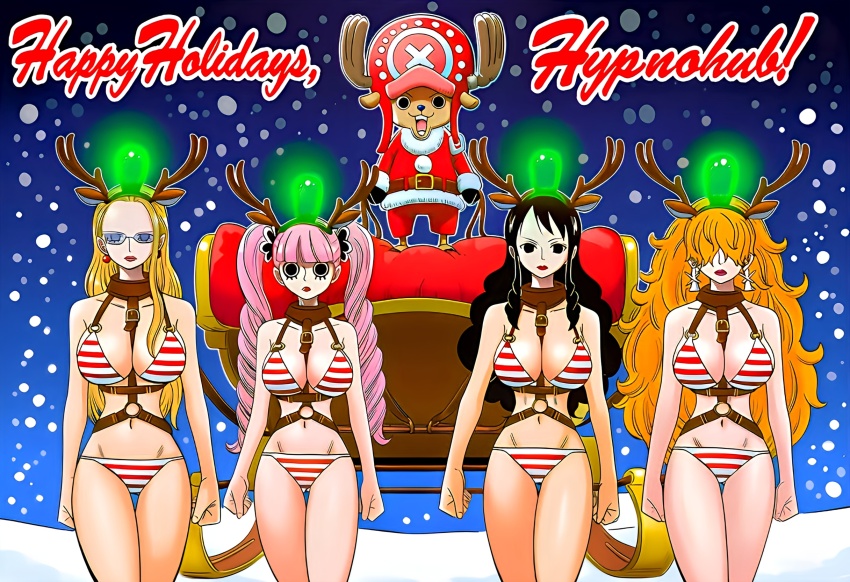 ai_art antlers baby_5_(one_piece) bikini black_hair blonde_hair collar earrings empty_eyes english_text expressionless femsub glasses hellsing002_(generator) kalifa_(one_piece) lipstick long_hair maledom multiple_girls multiple_subs one_piece orange_hair perona pink_hair red_lipstick reindeer reindeer_girl sadi_(one_piece) santa_costume snow standing tech_control tony_tony_chopper twintails