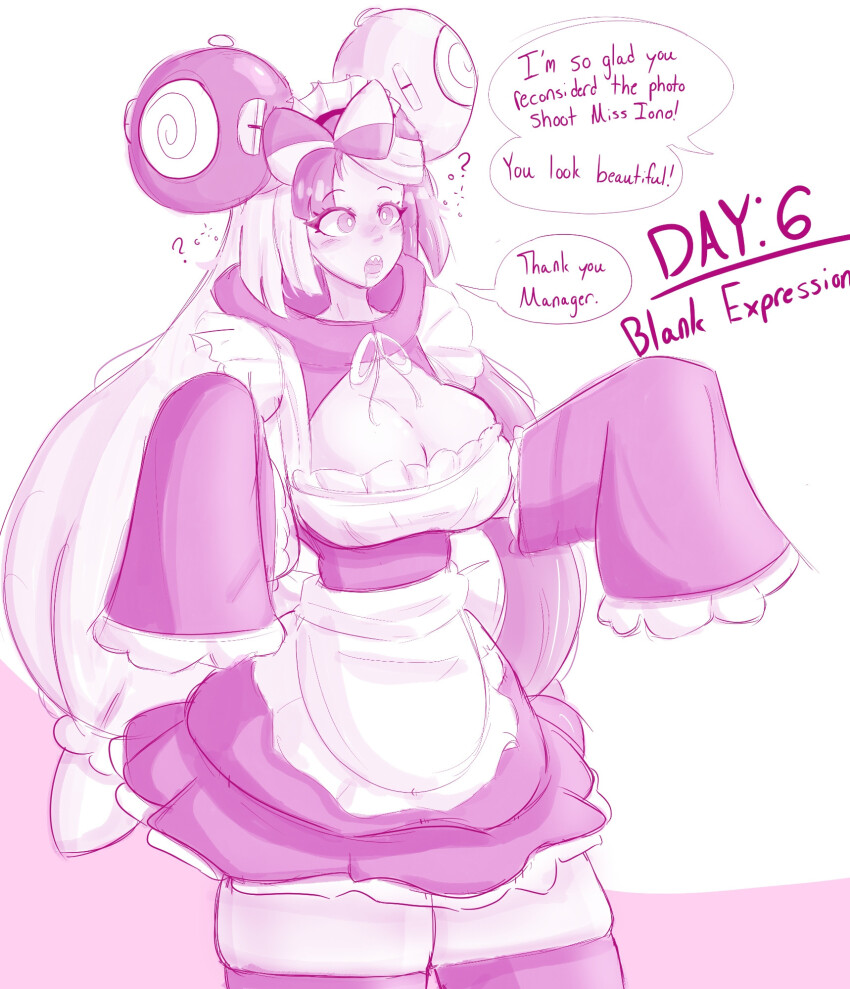 a_singular_fish blush cleavage cleavage_cutout confused dress drool eyebrows_visible_through_hair fangs female_only femdom femsub hair_ribbon hoodie iono_(pokemon) large_breasts long_hair magnemite maid maid_headdress multicolored_hair nintendo open_mouth pokemon pokemon_scarlet_and_violet simple_background skirt text thighhighs white_background