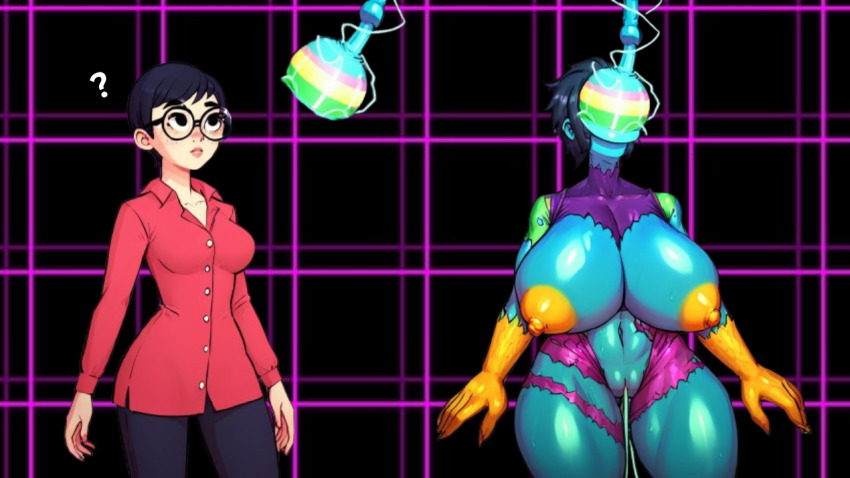 ai_art androgynous androgynous_dom bare_breasts bare_shoulders before_and_after blue_skin bottomless breast_expansion breasts breasts_outside carmen_sandiego claws clothed confused corruption cum deltarune electricity exposed_chest female_only femsub furry glasses handsfree_ejaculation huge_breasts hypnotic_tentacle julia_argent_(carmen_sandiego) large_breasts manip navel nipples no_bra no_panties nude orgasm pussy short_hair solo standing thick_thighs thighs topless transformation werewire zupern0va_(manipper)