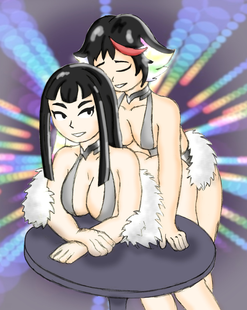 black_hair breasts corruption doggy_style dress emerald_lazers femsub fur_coat futanari happy_trance incest kill_la_kill ryuuko_matoi satsuki_kiryuuin sisters twinning yuri