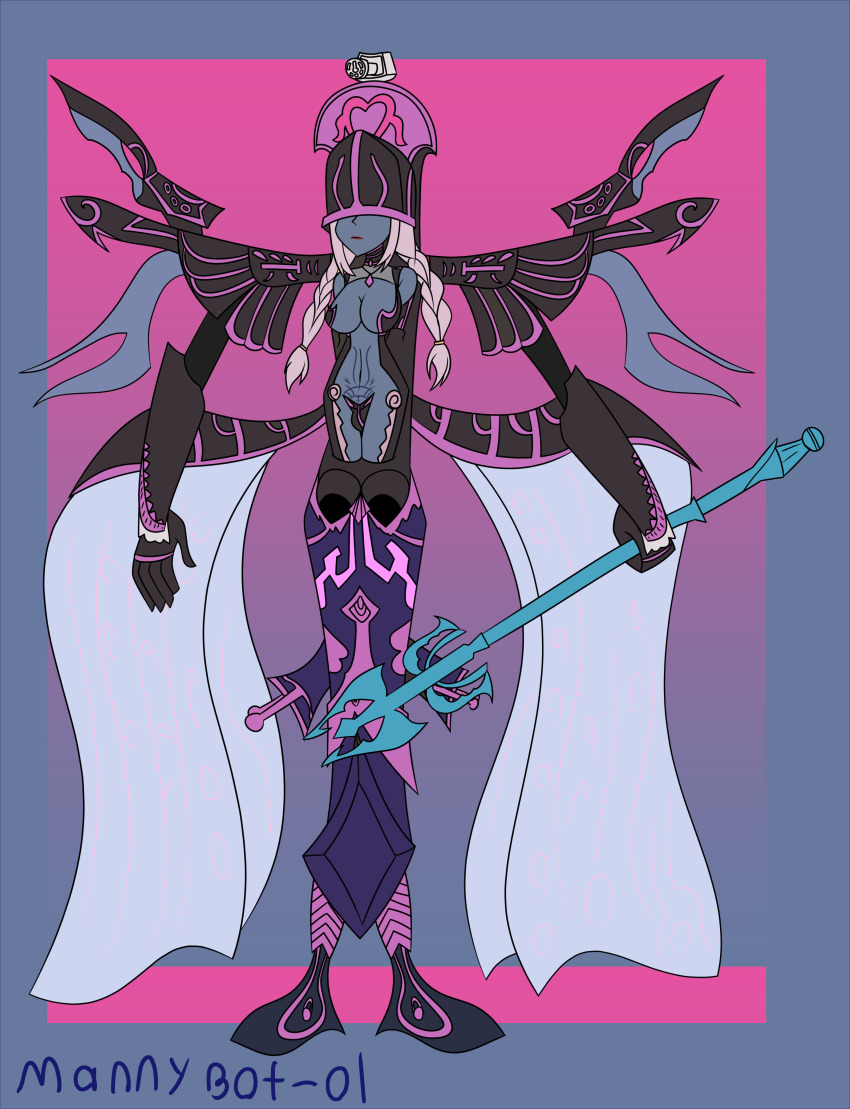 alternate_color_scheme body_markings bondage breasts cleavage enemy_conversion expressionless femsub final_fantasy final_fantasy_xii floating grey_skin hair_color_change lipstick long_hair makeup mannybot-01 mateus_(ff12) monster parasite penelo_(ff12) possession restrained spear square_enix tagme twintails weapon white_hair