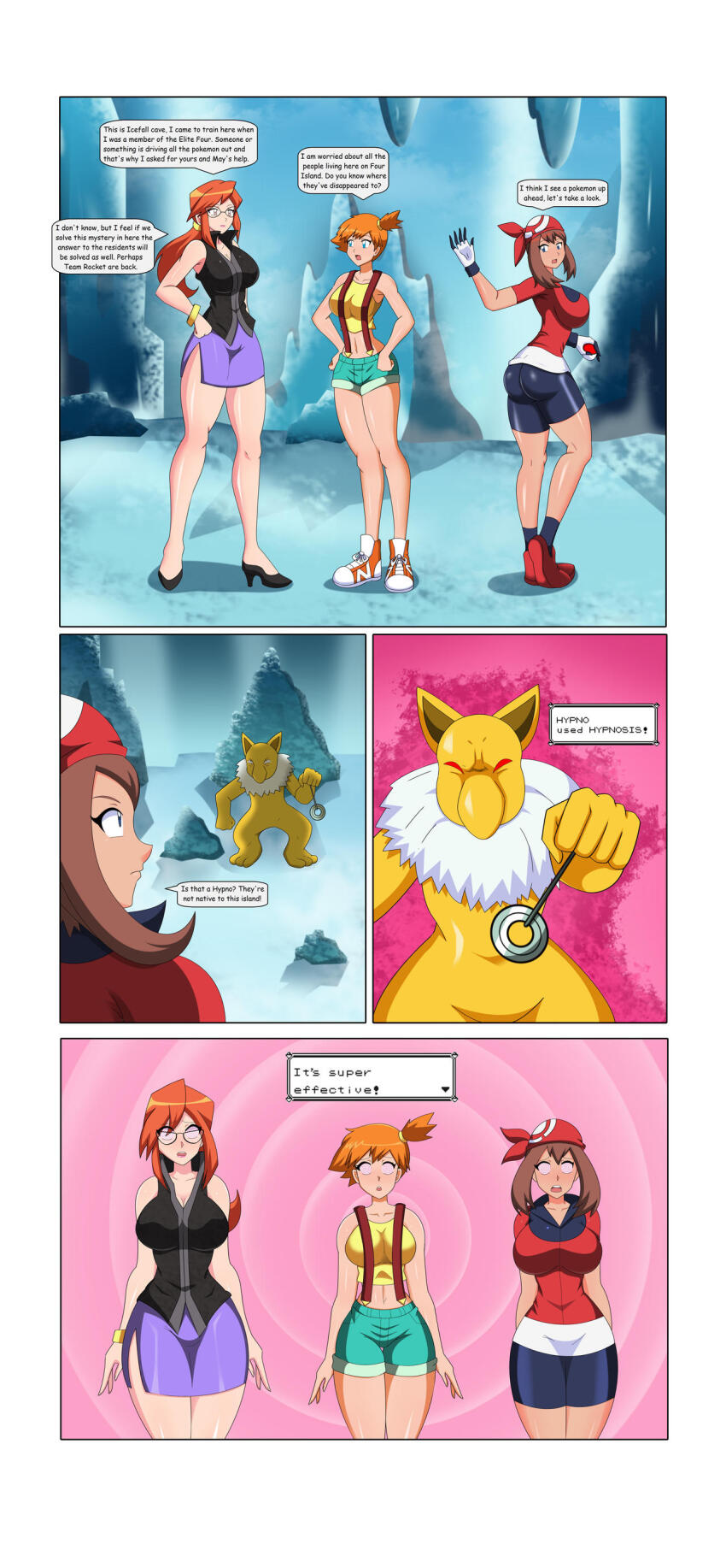 ass brown_hair comic dialogue dlobo777 femsub glasses hypno large_breasts long_hair lorelei may misty nintendo orange_hair pendulum pokeball pokemon short_hair spiral_eyes team_hypno text