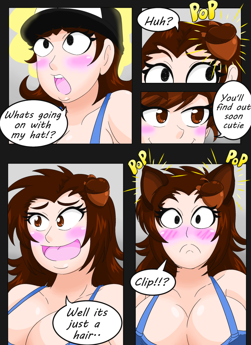 brown_hair cleavage comic crop_top dialogue hair_clips kobi94 large_breasts long_hair speech_bubble squirrel_girl text transformation