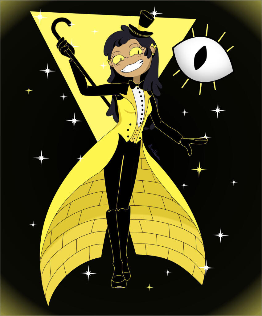 amphibia bill_cipher black_hair boots bow_tie disney earbuds eyelashes gloves gravity_falls marcy_wu possession scribbaroo simple_background smile suit top_hat vest yellow_eyes