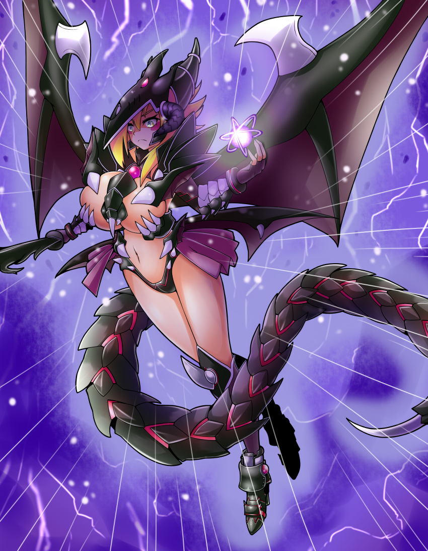 1ki_do alternate_costume alternate_form aura bare_legs blonde_hair blush breasts corruption dark_magician_girl darkest_diabolos_lord_of_the_lair femsub fingerless_gloves floating fusion gloves green_eyes helmet horns large_breasts legs long_hair magic monster monster_girl possession sword tail unhappy_trance weapon wings yu-gi-oh!