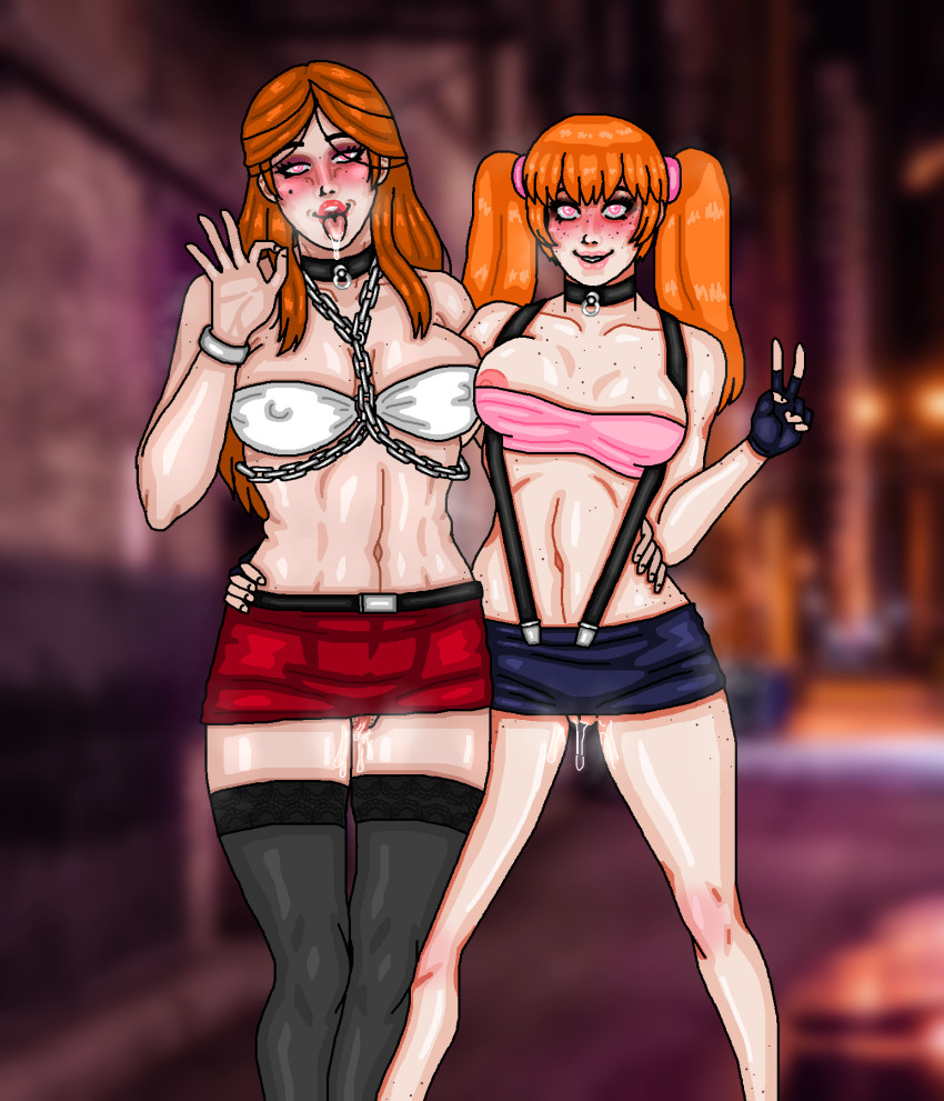blush breast_press chains character_request choker copyright_request drool fingerless_gloves freckles heart_eyes long_hair makeup midriff milf miniskirt mother_and_daughter mspainter pussy_juice red_hair smile suspenders symbol_in_eyes thighhighs tongue_out twintails v