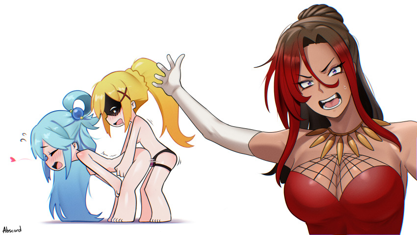 abscord androgynous_dom aqua_(konosuba) blonde_hair blue_hair blush brown_hair cleavage closed_eyes clothed darkness_(konosuba) demon dress drool femsub gloves goddess heart hypnotic_mask hypnotized_dom kono_subarashii_sekai_ni_shukufuku_wo! large_breasts leaning_forward living_costume looking_at_viewer mask mind_break open_mouth opera_gloves ponytail possession red_hair sex simple_background standing strap-on sub_on_sub sweat sylvia_(konosuba) symbol vanir_(konosuba) very_long_hair white_background yuri