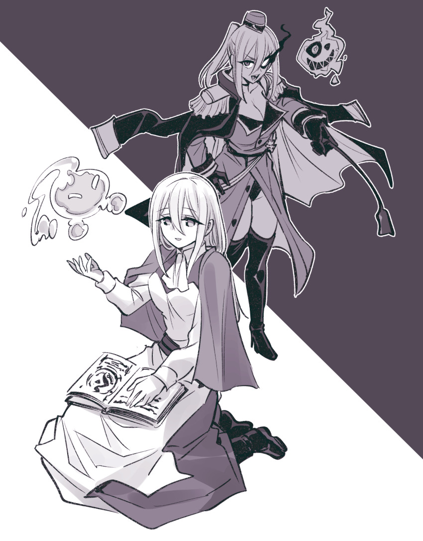alternate_costume alternate_hairstyle before_and_after beret book boots breasts character_request cleavage clothed control_indicator corruption demons_plan_something_good! dual_persona evil_smile floating gloves hand_on_hip happy_trance high_heels isiyumi looking_at_viewer monochrome open_clothes ponytail possession shoes simple_background sitting standing tagme thigh_boots thighhighs thighs whip