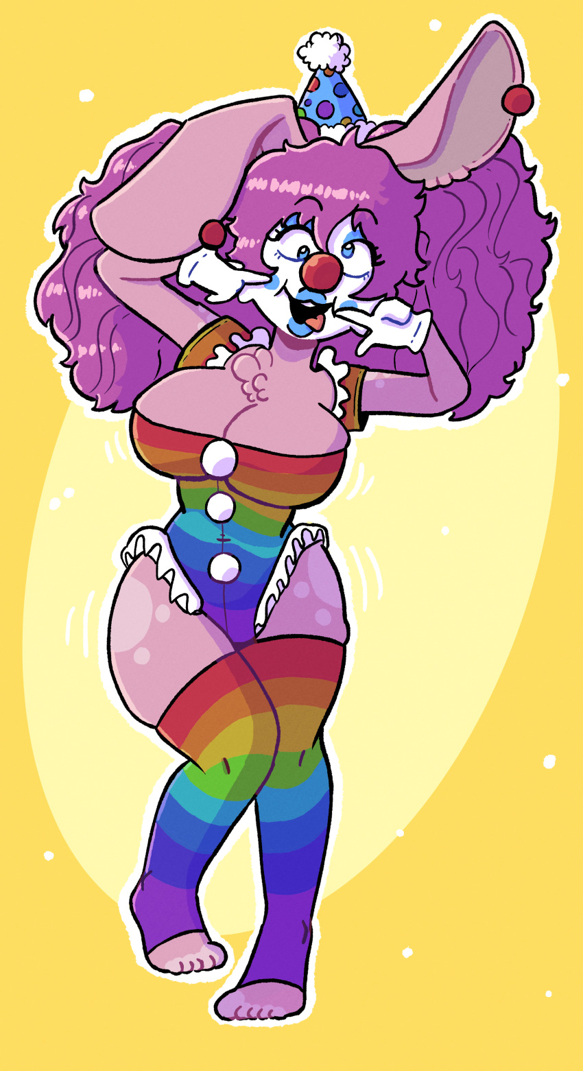 alternate_hairstyle bimbofication bunny_ears bunny_girl clown_girl clownification coupytf face_paint furry huge_breasts large_breasts leotard original purple_hair sakura_(gamin_gryff) thick_thighs tongue_out