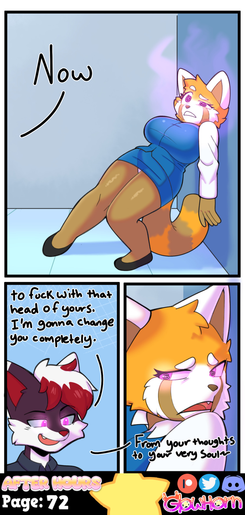 absurdres aggretsuko artifact_the_fox breasts cheating clothed comic corruption dialogue femsub fox_boy furry glowhorn limp magic maledom netorare office office_lady open_mouth original panties purple_eyes red_hair red_panda_girl retsuko_(aggretsuko) sanrio sharp_teeth shirt shoes simple_background skirt spiral_eyes suit tail tight_clothing underwear white_hair