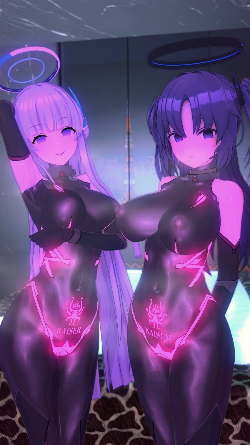 3d armpits arms_above_head blue_archive blue_hair blush bodysuit breasts breath collar crotch_tattoo empty_eyes erect_nipples erect_nipples_under_clothes expressionless female_only femsub gloves hair_ornament halo happy_trance kaiser_corporation_(blue_archive) koikatsu! long_hair looking_at_viewer moawi1 multiple_girls multiple_subs nipples noa_(blue_archive) opera_gloves posing see-through smile straight-cut_bangs sweat tight_clothing twintails very_long_hair white_hair yuuka_(blue_archive)